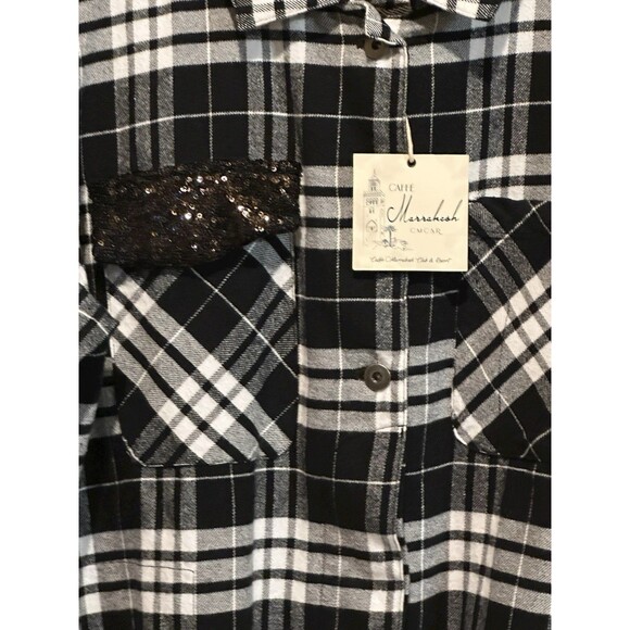 Café Marrakesh black white plaid flannel Style shirt NWT pockets L hidden button - Picture 2 of 16